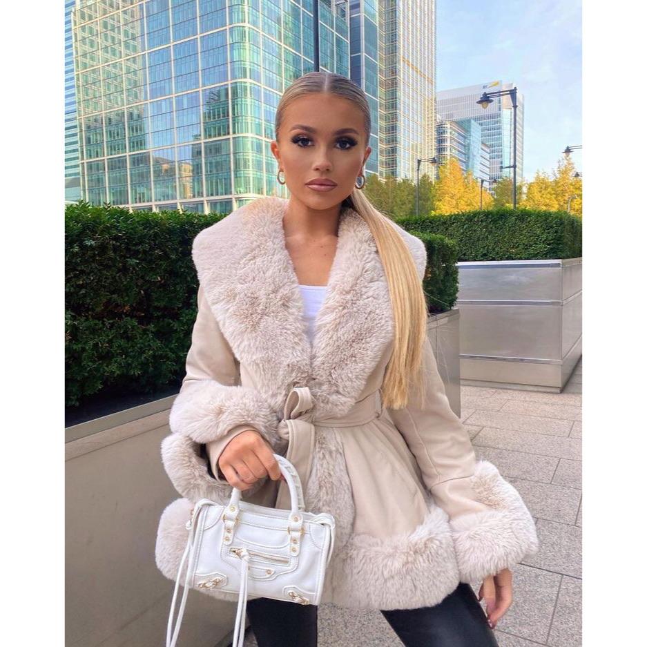 LIA CREAM FAUX FUR TRIM BELTED SHORT COAT