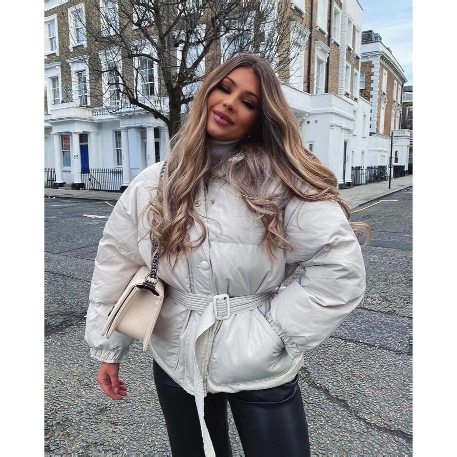 SARA CREAM BELTED PUFFER JACKET WITH HOOD