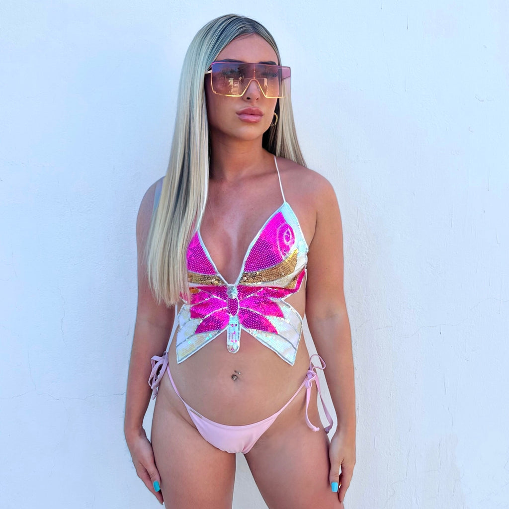 Sequin pink butterfly backless top