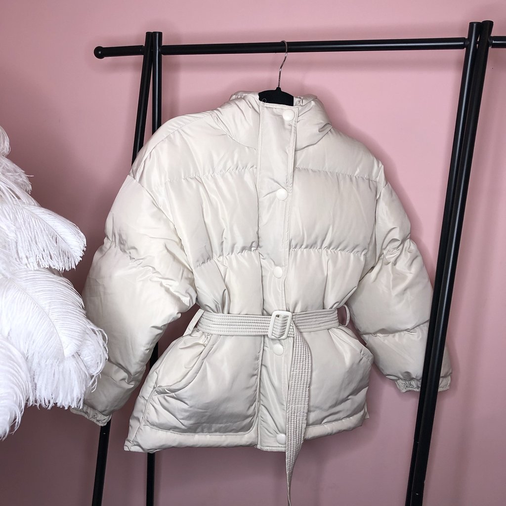 SARA CREAM BELTED PUFFER JACKET WITH HOOD