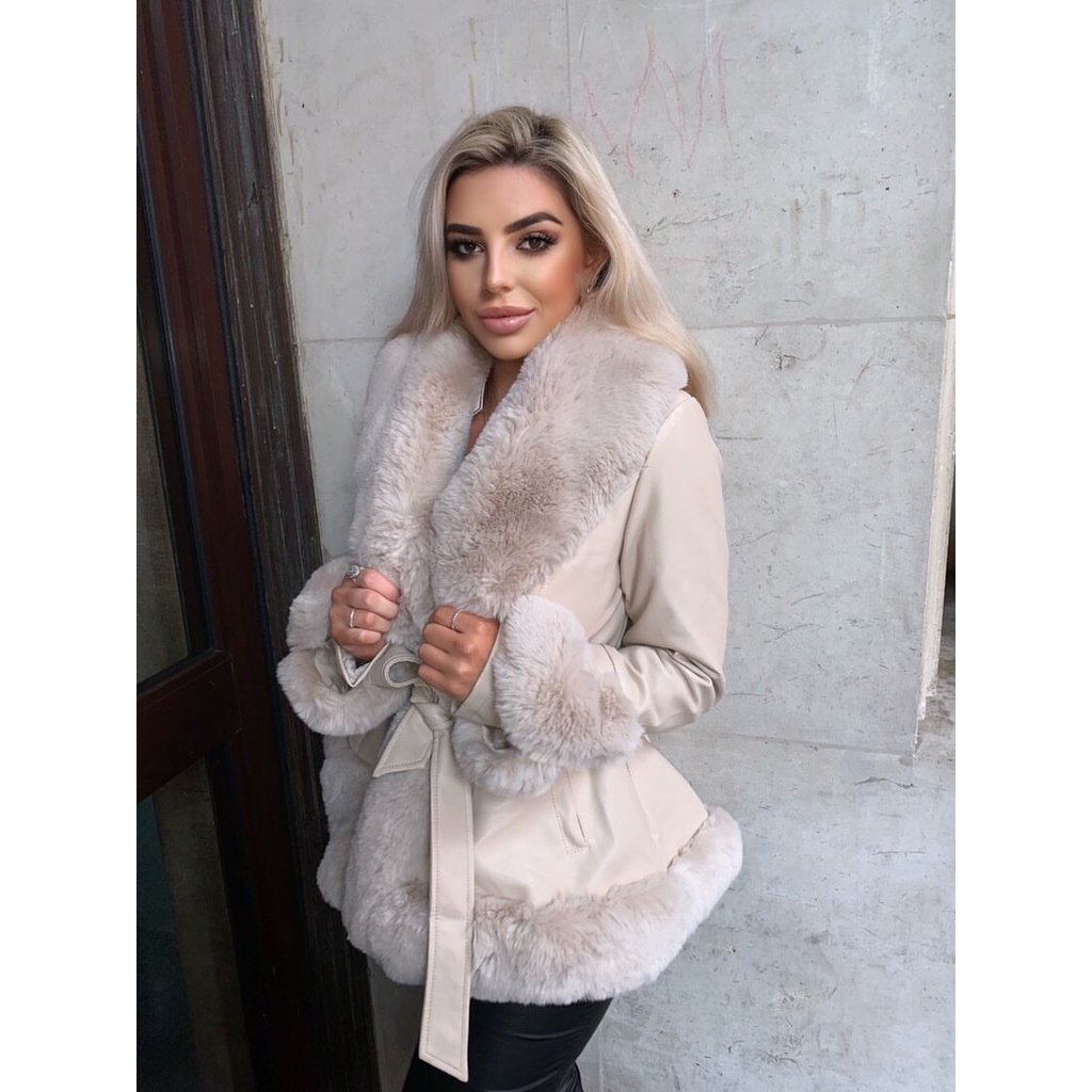 LIA CREAM FAUX FUR TRIM BELTED SHORT COAT