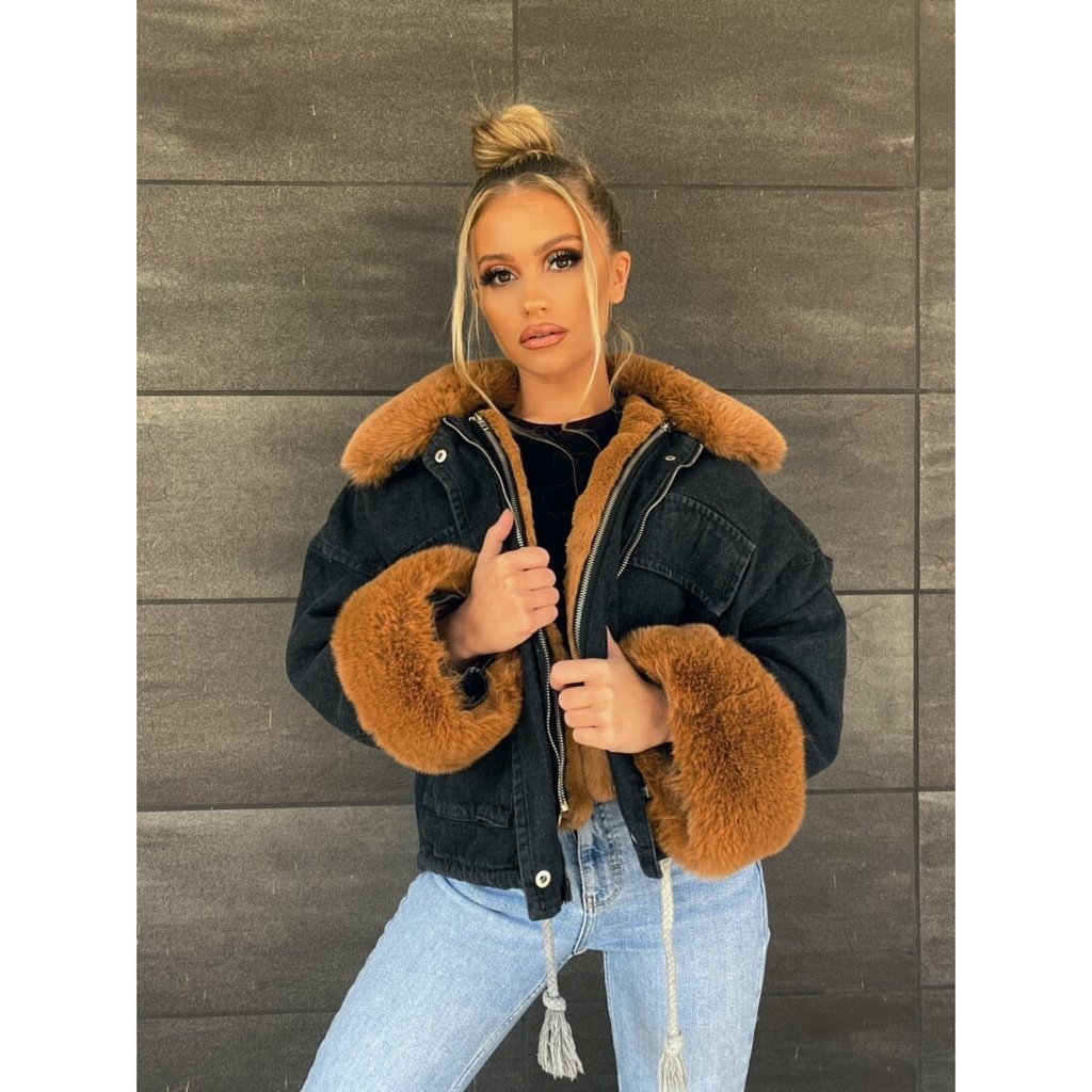 KYLIE BLACK TAN FAUX FUR DENIM JACKET