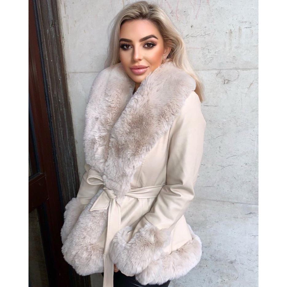LIA CREAM FAUX FUR TRIM BELTED SHORT COAT